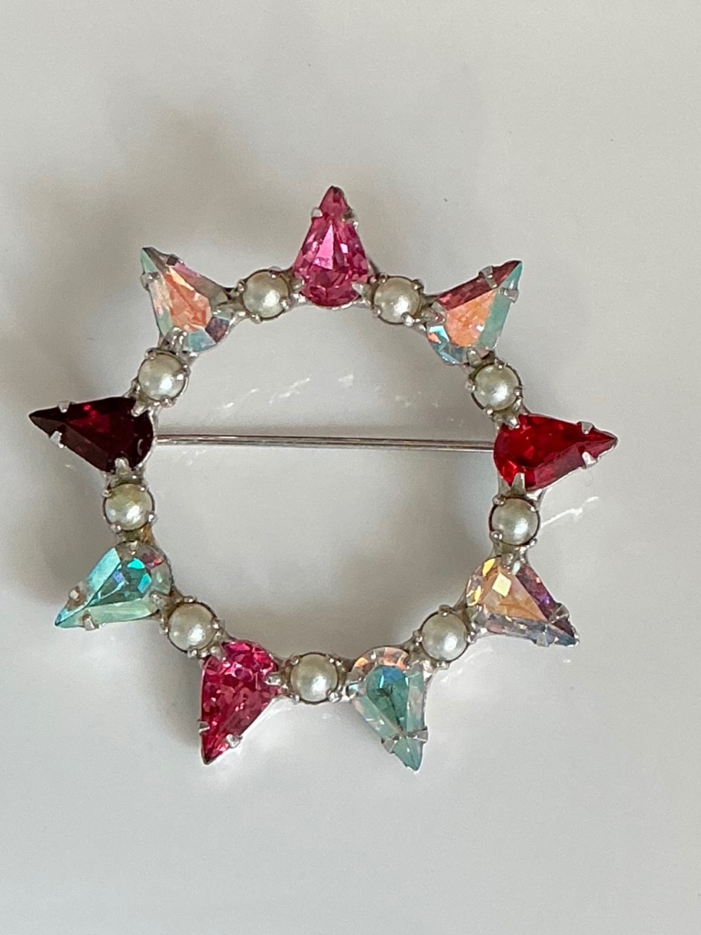 Vintage B. David Mother's Pin Aurora Borealis Rhinestones Faux Pearls & Silver